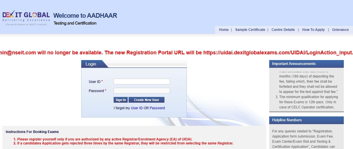 Aadhaar Supervisor NSEIT Exam